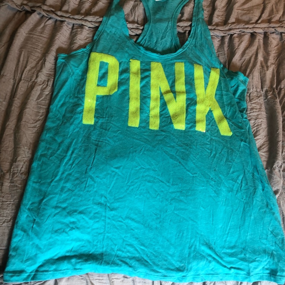 PINK Razor back tank blue w/ green sequin letters
